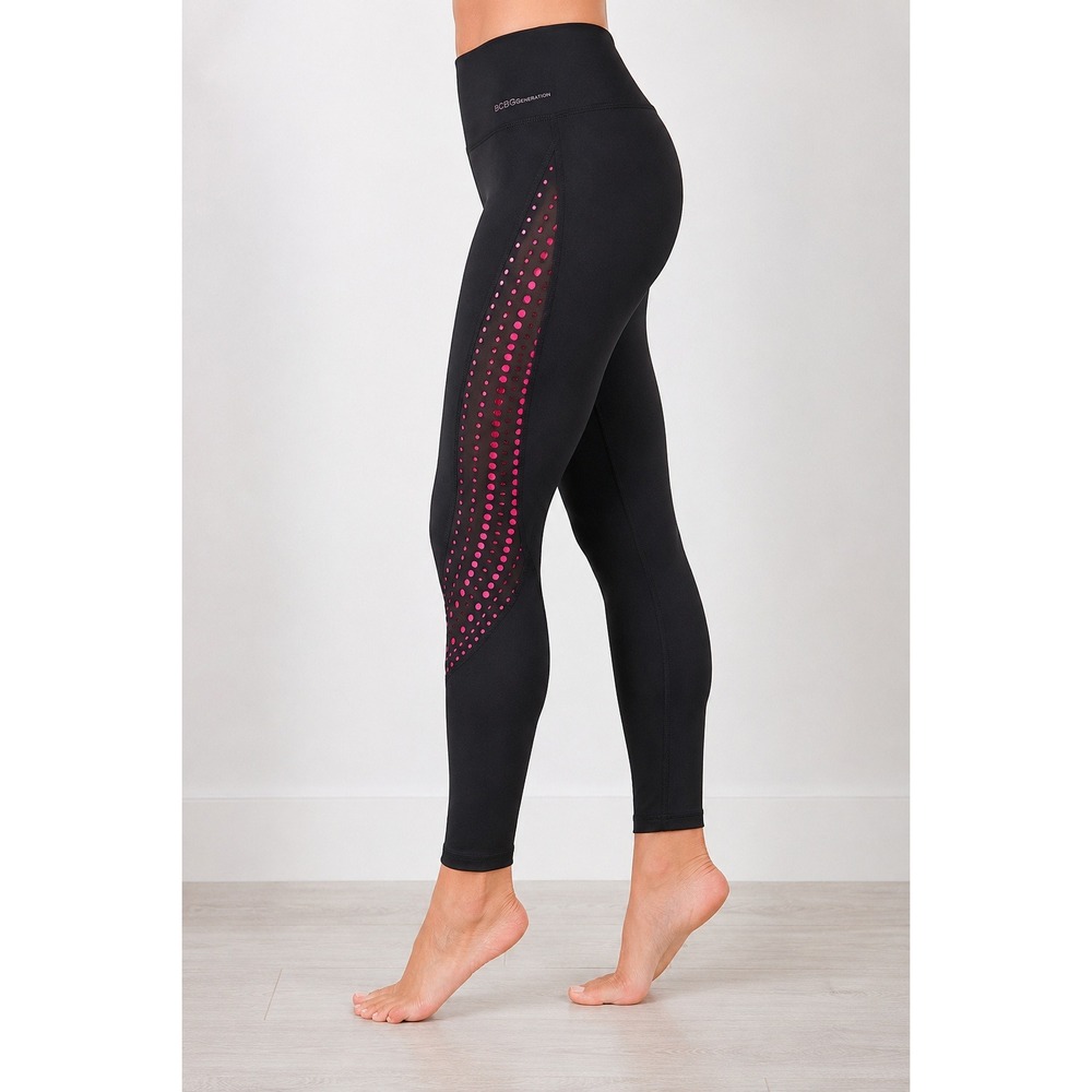 BCBGeneration Womens L High Rise Workout Leggings Black Pink Mesh Pocket NWT
